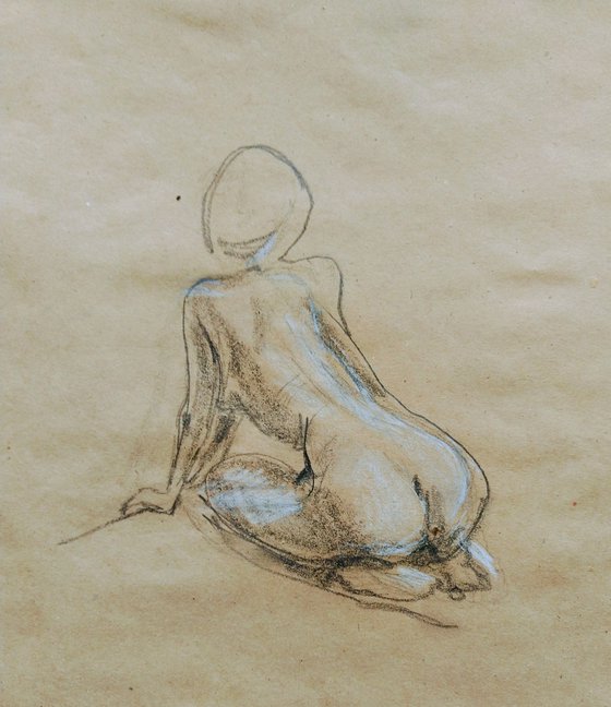 Nude. Sketch. Original pastel drawing on beige paper