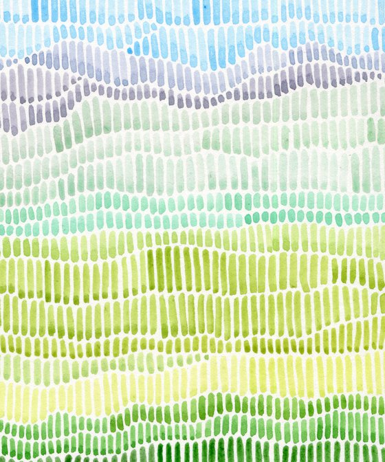 Original watercolor abstract landscape of green meadow