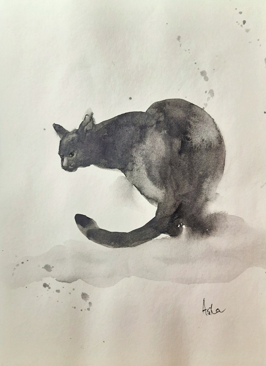 Impressionistic Watercolour , The Crouching Black Cat By Asha Shenoy, 8 X 11, Artwork For Sale On Artfinder