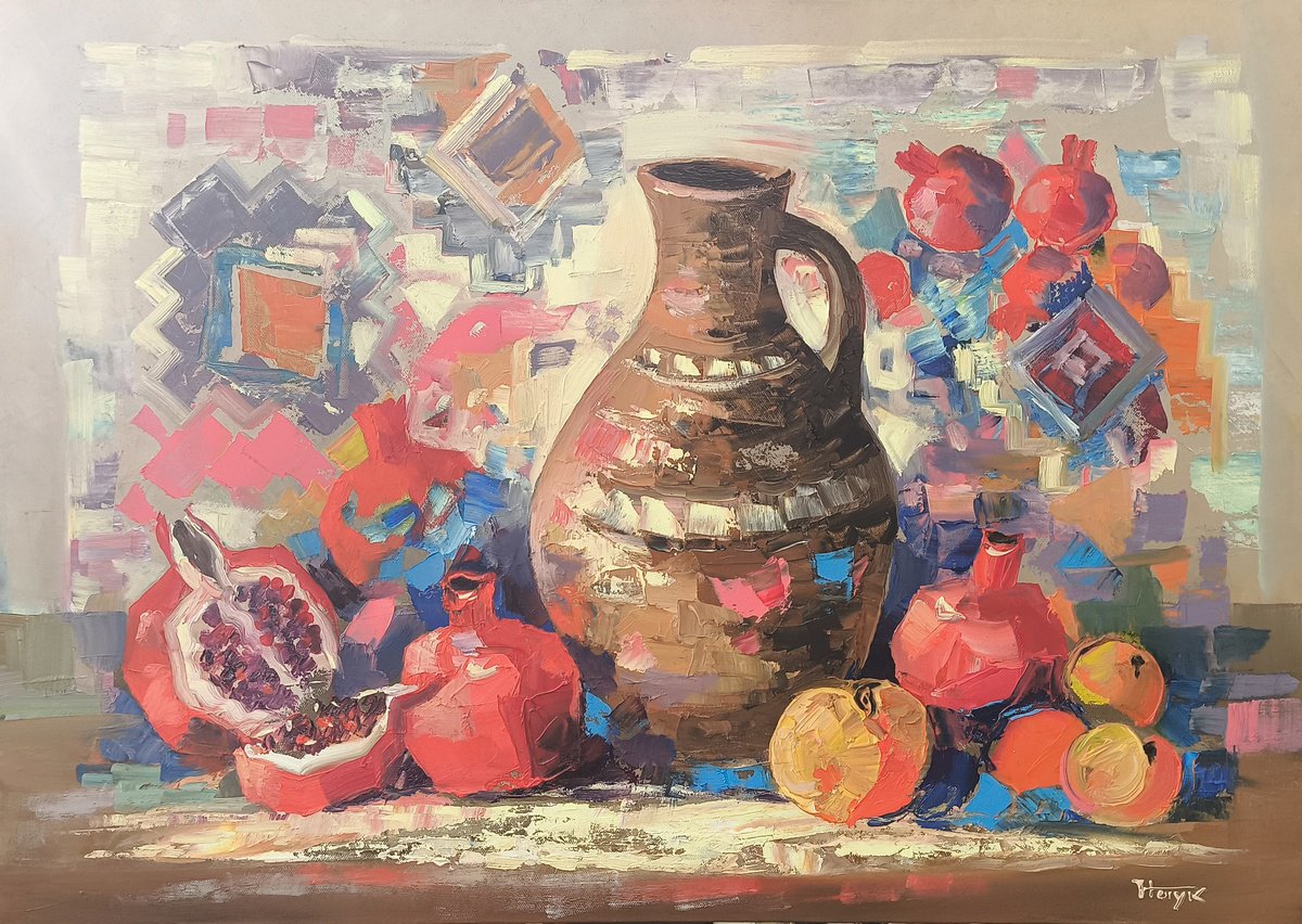 Impressionistic Still Life Oil Painting By Hayk Miqayelyan, 28 X 20, Armenian Abundance, Original Artwork