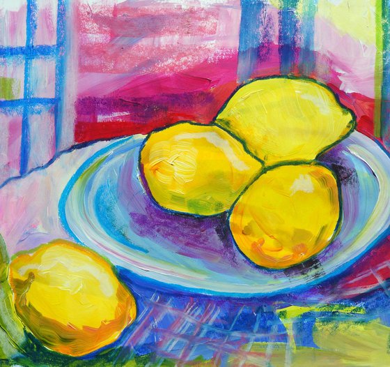 Yellow Lemons on Blue plate