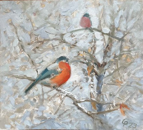 American Robins Bullfinches birds on a tree original oil painting by Roman Sergienko