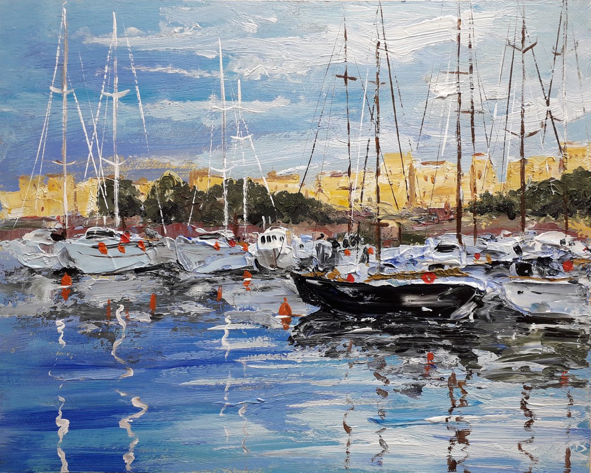 Yachts at the pier Painting with palette knife Original painting by Alexander Zhilyaev