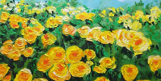 FIELD OF YELLOW, ORANGE, WHITE  ROSES  palette knife modern decor MEADOW OF FlOWERS, LANDSCAPE,  office home decor gift