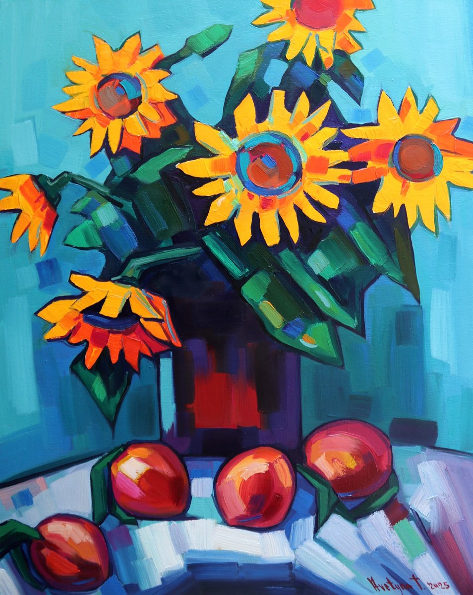 Expressive Still Life Oil Painting By Tigran Avetyan, 18 X 22", Sunflowers, Original Artwork
