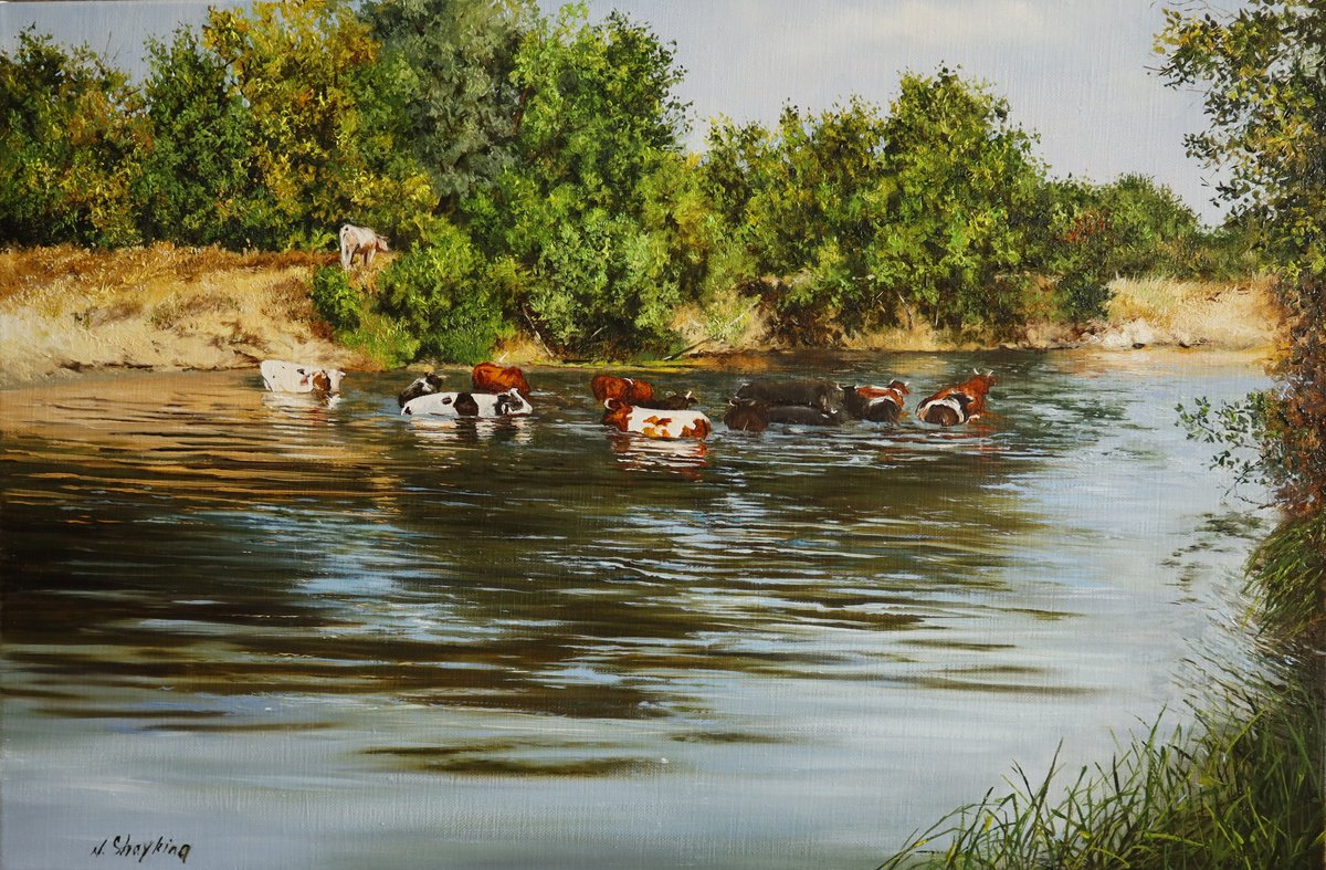 Photorealistic Oil Painting , Cows In River By Natalia Shaykina, 24 X 16, Artwork For Sale On Artfinder