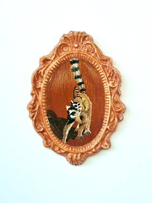 Ring-tailed lemur, part of framed animal miniature series "festum animalium" by Andromachi Giannopoulou