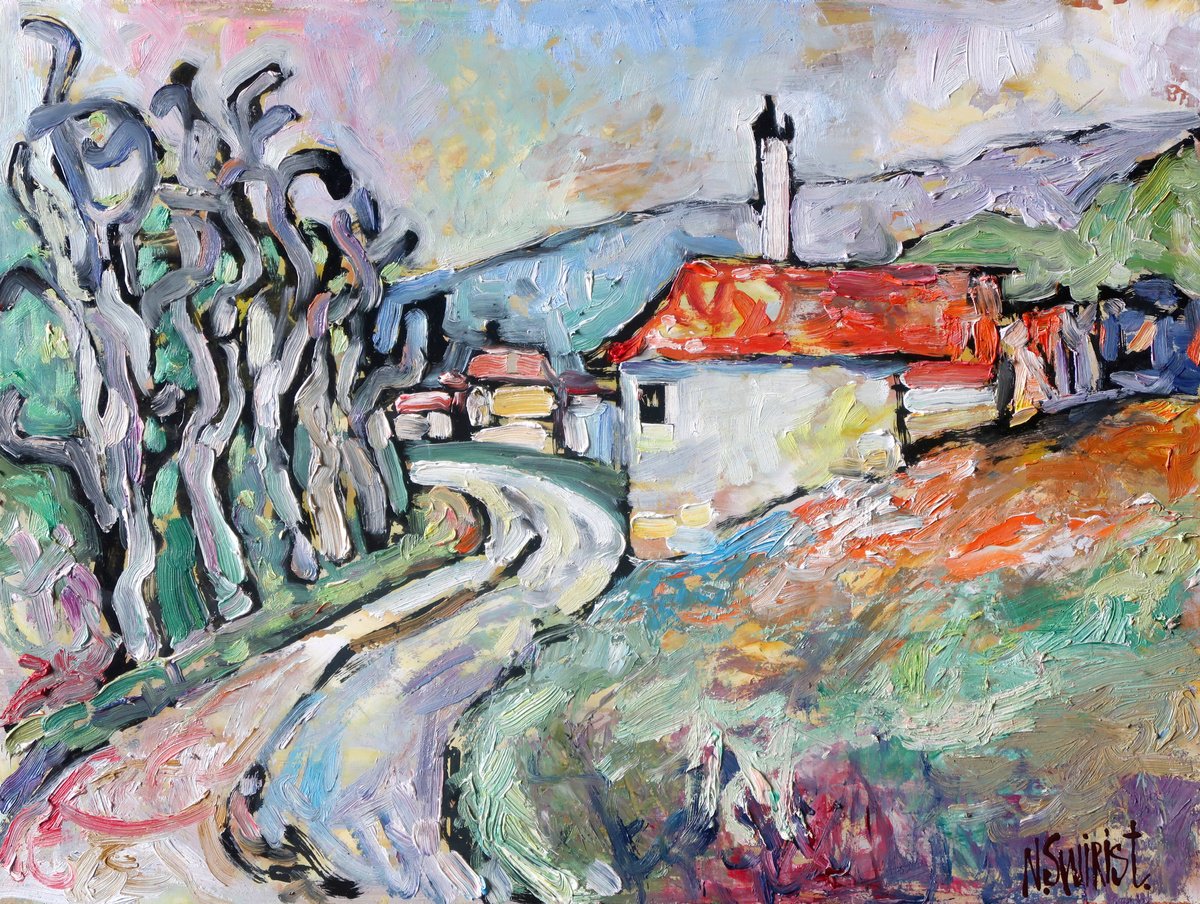 Impressionistic Cityscapes Oil Painting By Nikifor Swiristuhin, 16 X 12", Plane Trees Of France., Original Artwork