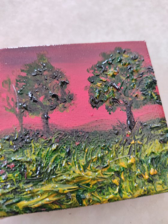 Beautiful pink sky landscape - oil painting landscape on mini canvas