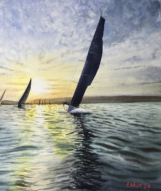 Sailing Race at Sunset.
