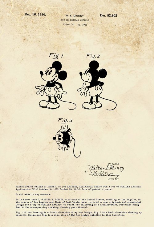 Mickey Mouse character patent - Sepia - circa 1930 by Marlene Watson