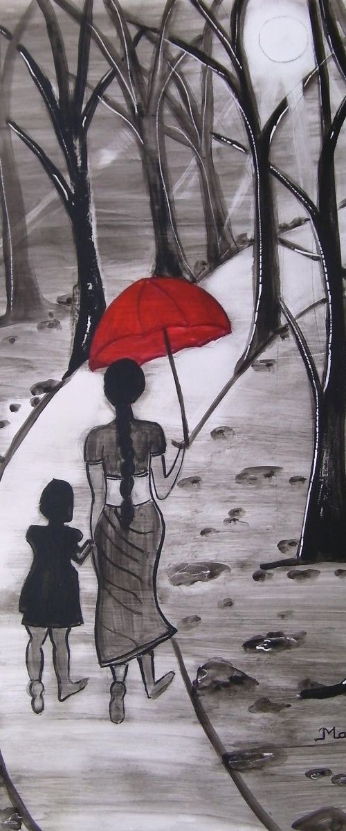 Walking in Sunshine black and White umbrella art by Manjiri Kanvinde