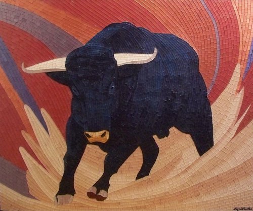 The Storm - Glass mosaic black bull art; home, office decor; gift idea by Liza Wheeler