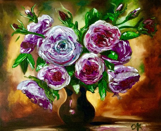 BOUQUET OF PURPLE ROSES palette knife modern red pink purple  still life  flowers Dutch style office home decor gift