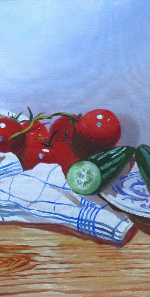 Cucumber, Tomatoes and Tea Towel, Original Oil Painting by Anne Zamo by Anne Zamo