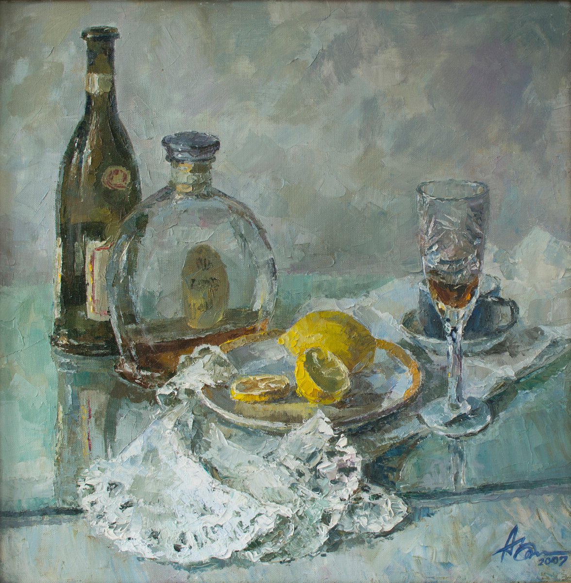 HD15120070 Glass of cognac and lemon by Hanna Davydchenko