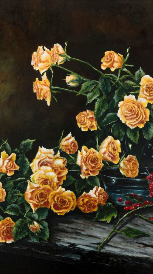 Still life with yellow roses and red currants by Oleg Baulin