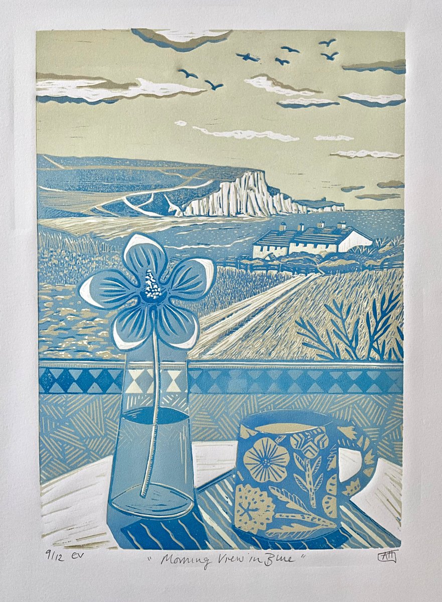 Organic Linocut , Morning View In Blue By Alison Headley, 11 X 15, Artwork For Sale On Artfinder