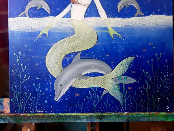 The Mermaid and the Moon - Mermaid - Sea Goddess - Dolphins - Mystical Art