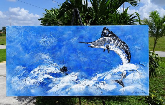 OCEAN TROPHY. Large Blue Abstract Painting of Fish Jumping out of the Water