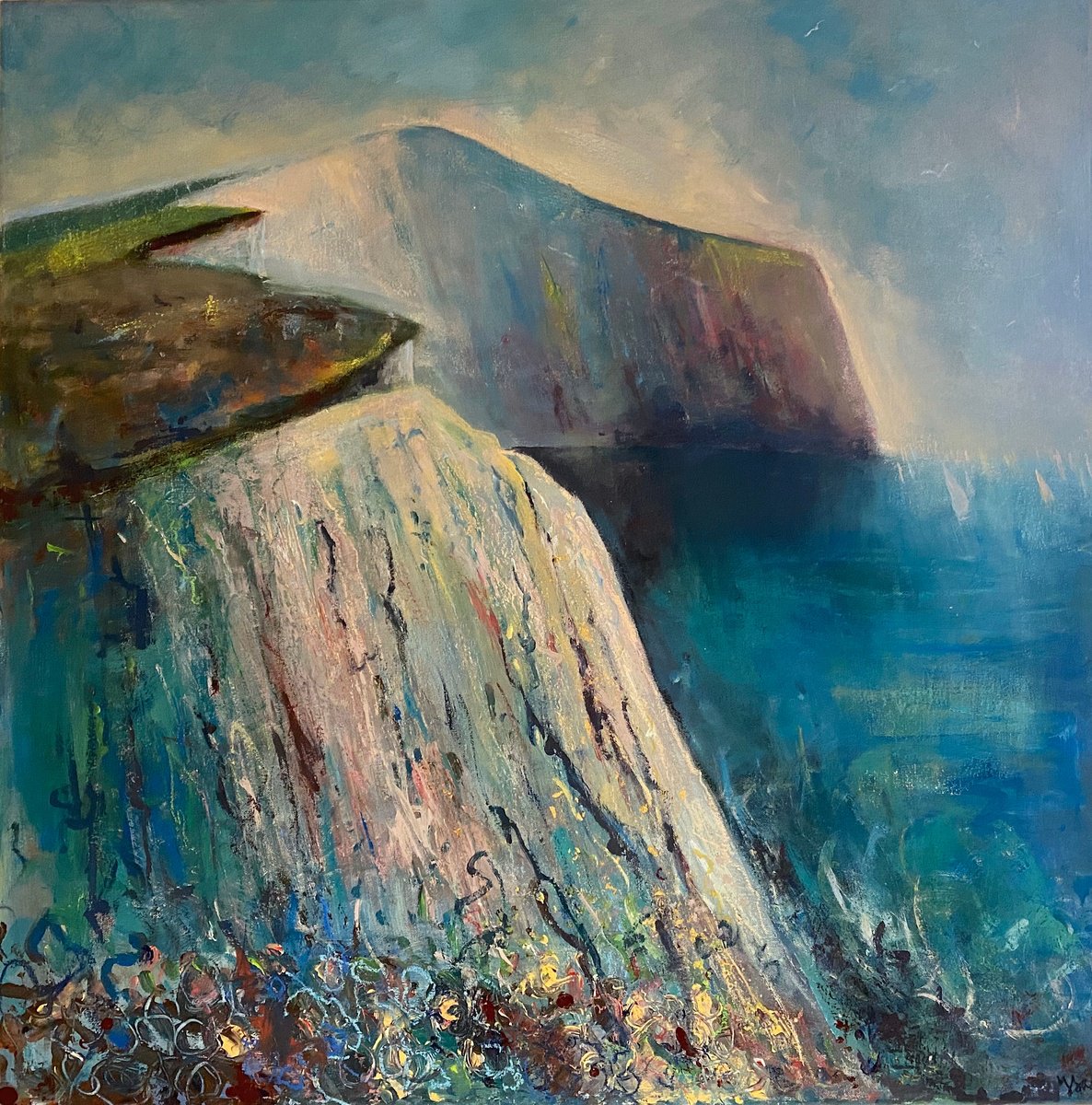 Expressive Landscape Oil Painting By Teresa Tanner, 30 X 30", Expressive Cliffs And Sea, Original Artwork