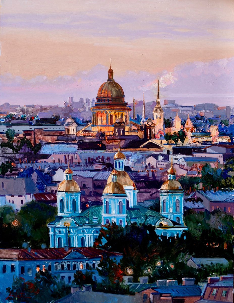 Impressionistic Cityscapes Oil Painting By Khanlar Asadullayev, 33 X 43", Saint Petersburg, Original Artwork