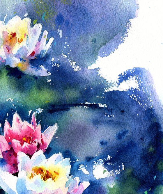 Original watercolor painting Lotus flowers on the surface of the lake