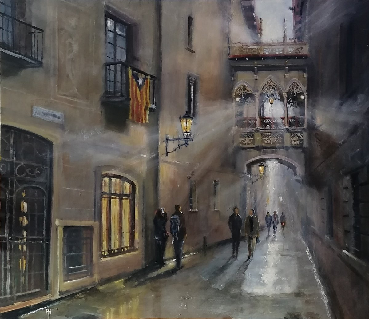Impressionistic Cityscapes Acrylic Painting By Alan Harris, 24 X 20, Gothic Quarter, Barcelona, Original Artwork