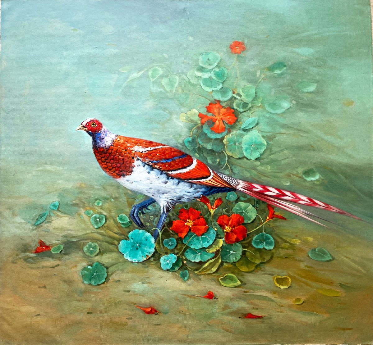 Photorealistic Animal Oil Painting By Kunlong Wang, 39 X 39", Pheasant, Original Artwork