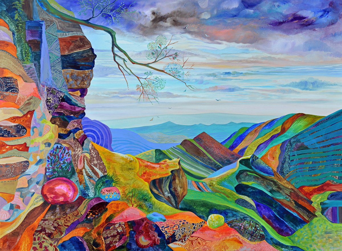 Urban And Pop Landscape Oil Painting By Silvia Pavlova, 39 X 28", "Where Rainbows Roam", Original Artwork