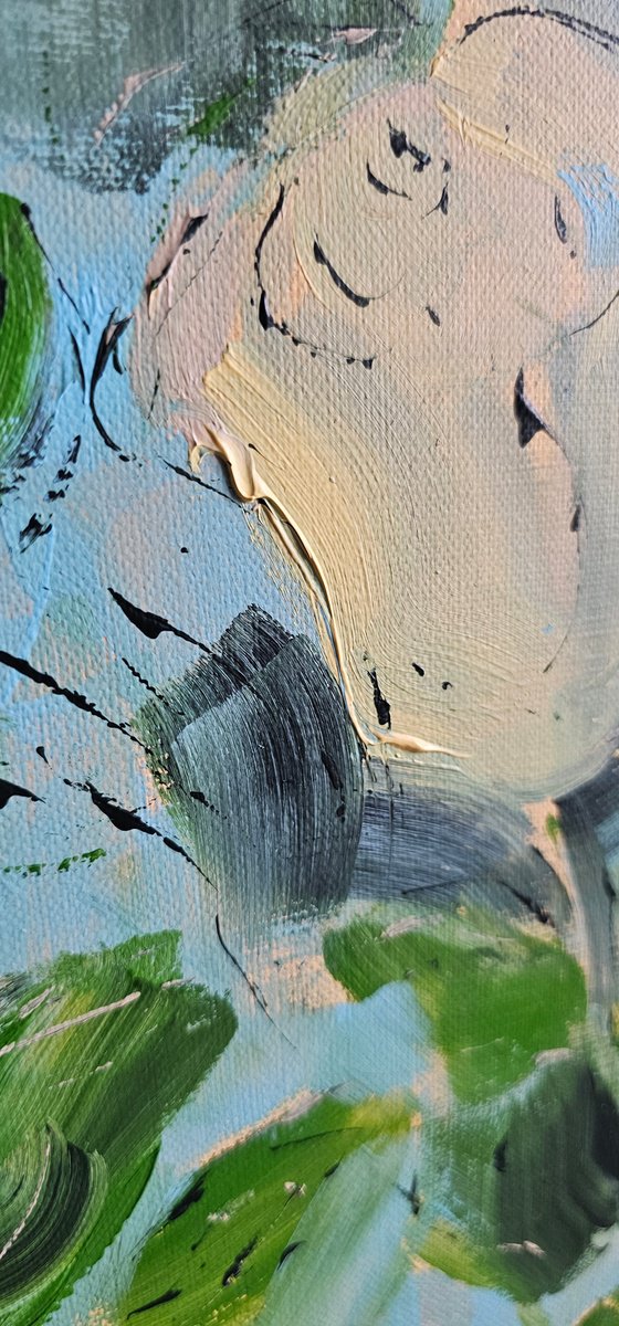 Yellow roses in a pot on blue