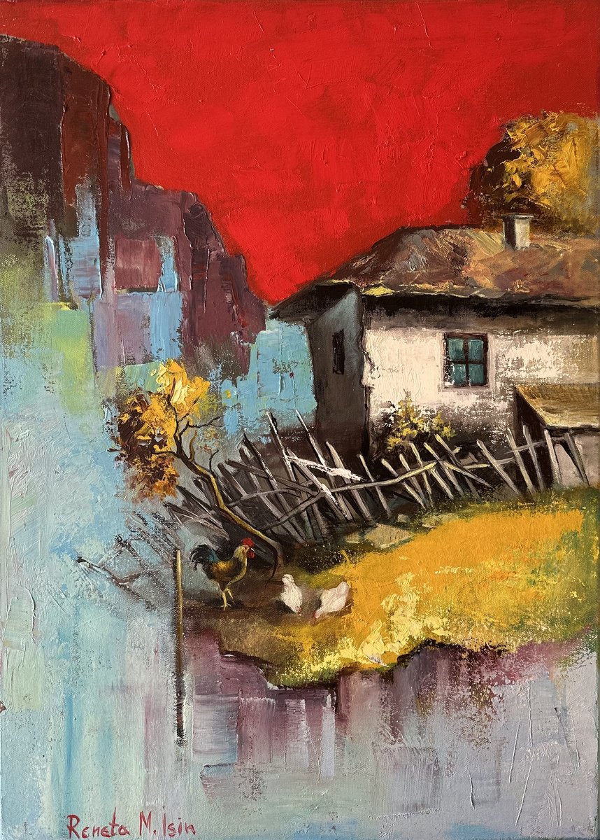 Impressionistic Landscape Oil Painting By Reneta Isin, 20 X 28", " Village House " No.2, Original Artwork