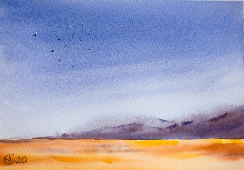 Spanish autumn fields with moody sky. Small watercolor painting landscape sky impressionistic nature blue sky highway road Spain Travel trip yellow by Sasha Romm
