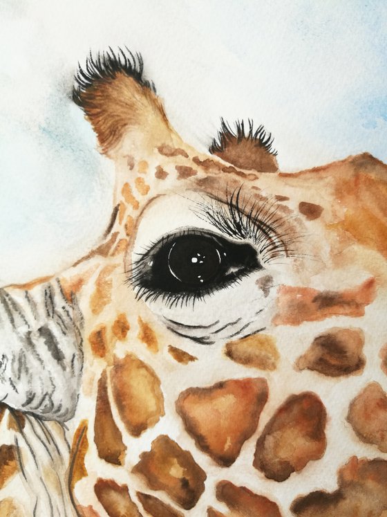 Up Above. Watercolour Giraffe Painting on Paper. 59.4cm x 42cm. Free Worldwide Shipping.