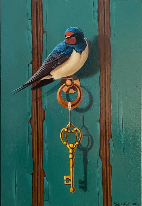 Still life with bird and key (24x35cm, oil painting, ready to hang) by Ara Gasparian