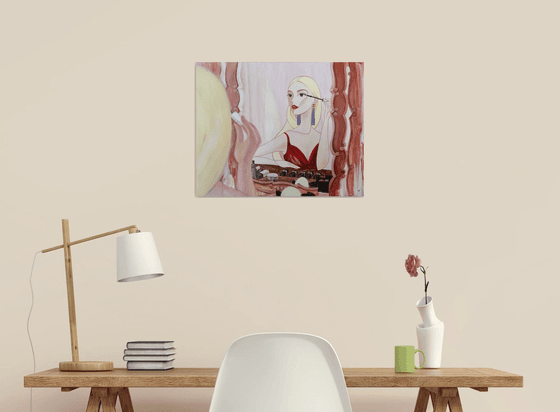 Reflection, Anya Taylor-Joy, female portrait, acrylic painting in nude shades, fashion painting