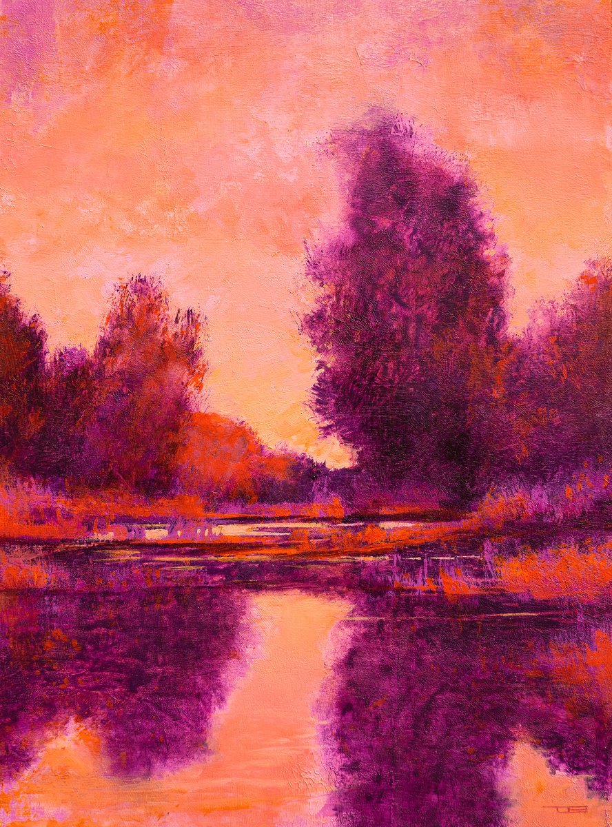 Impressionistic Landscape Oil Painting By Don Bishop, 12 X 16, Wetlands Sunset 250627, Original Artwork