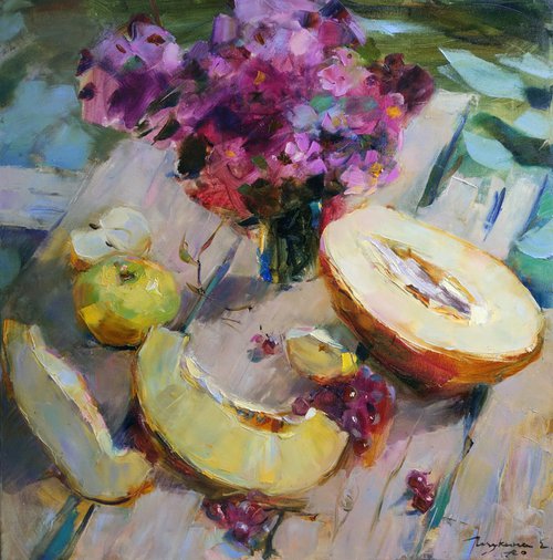 Still life with melon on the background of the lake by Helen Shukina