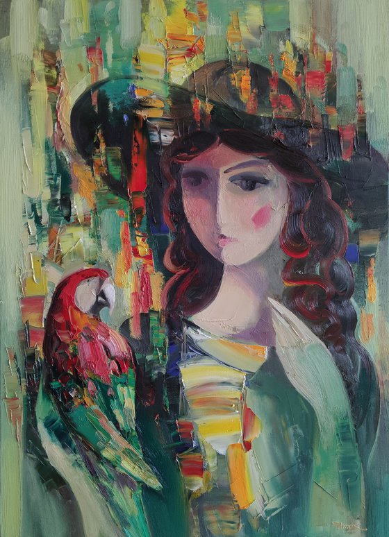 Girl with parrot 50x70cm ,oil/canvas, abstract portrait