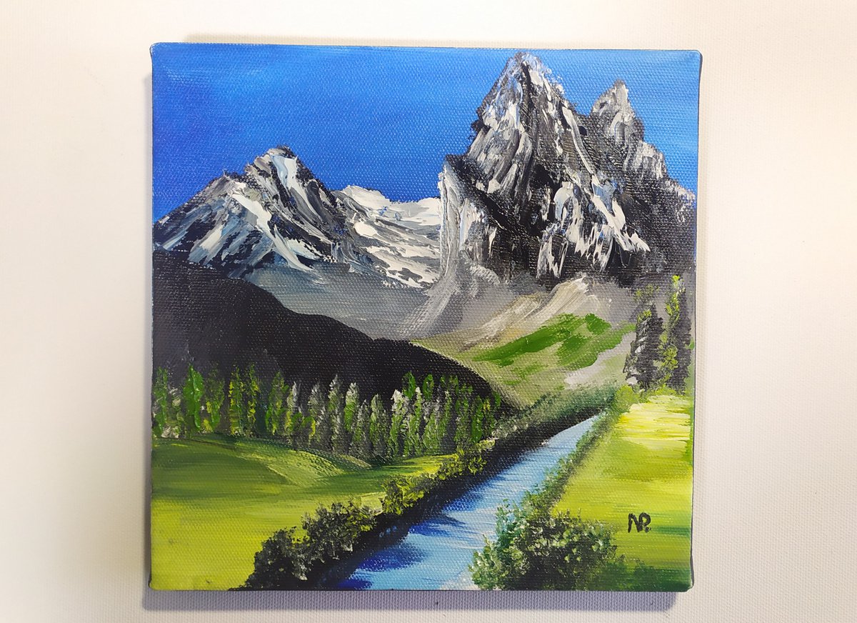 Blue sky, original landscape oil painting, river, mountains, Gift, art for home by Nataliia Plakhotnyk