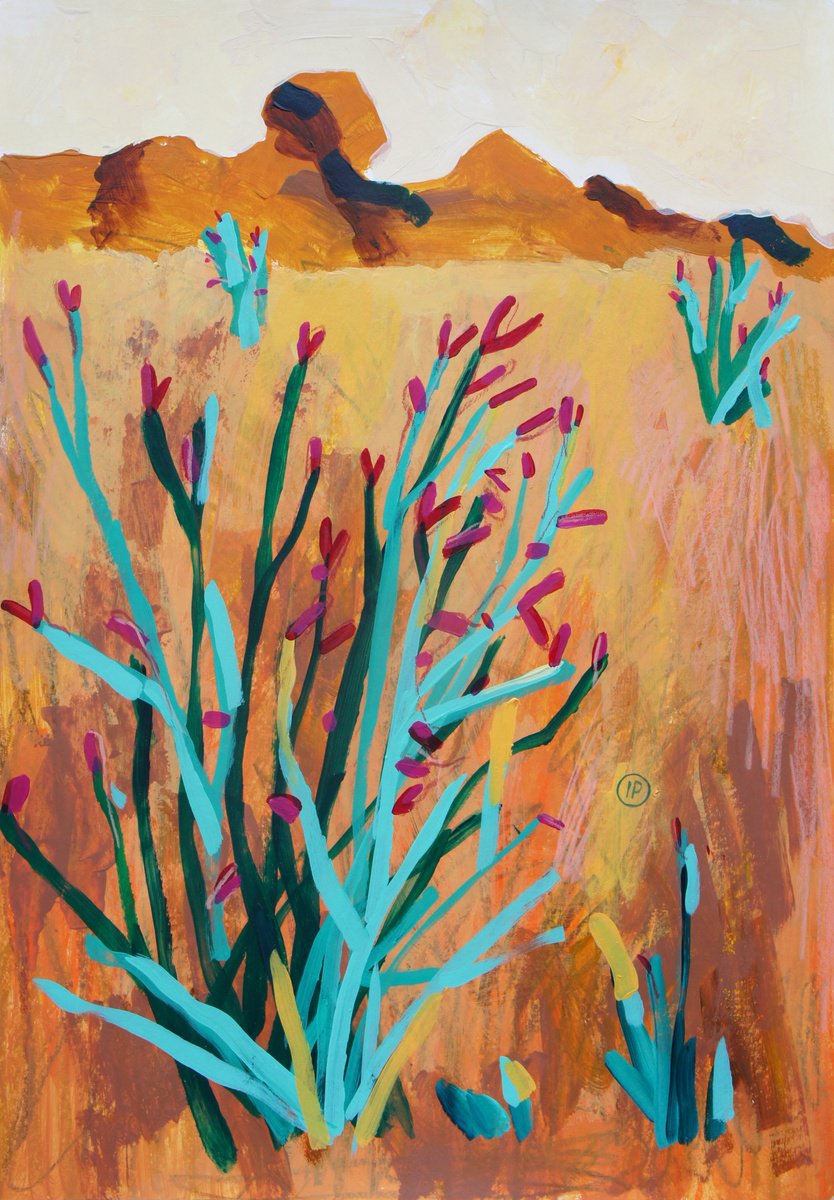 Impressionistic Landscape Painting By Irina Plaksina, 12 X 17, Cactus Bloom In Texas, Original Artwork