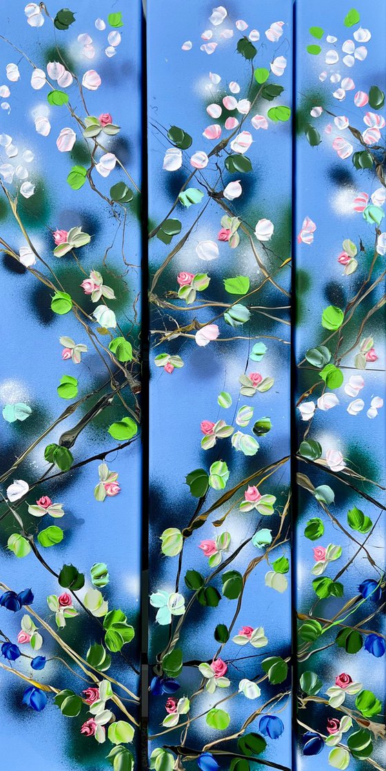 "Movement" large floral triptych on canvas