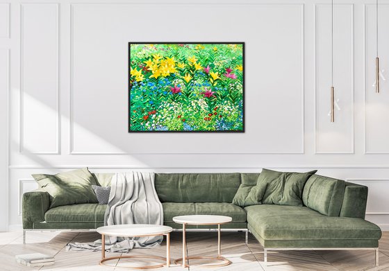 Abstract flowers painting, summer garden wall art, Impressionism painting