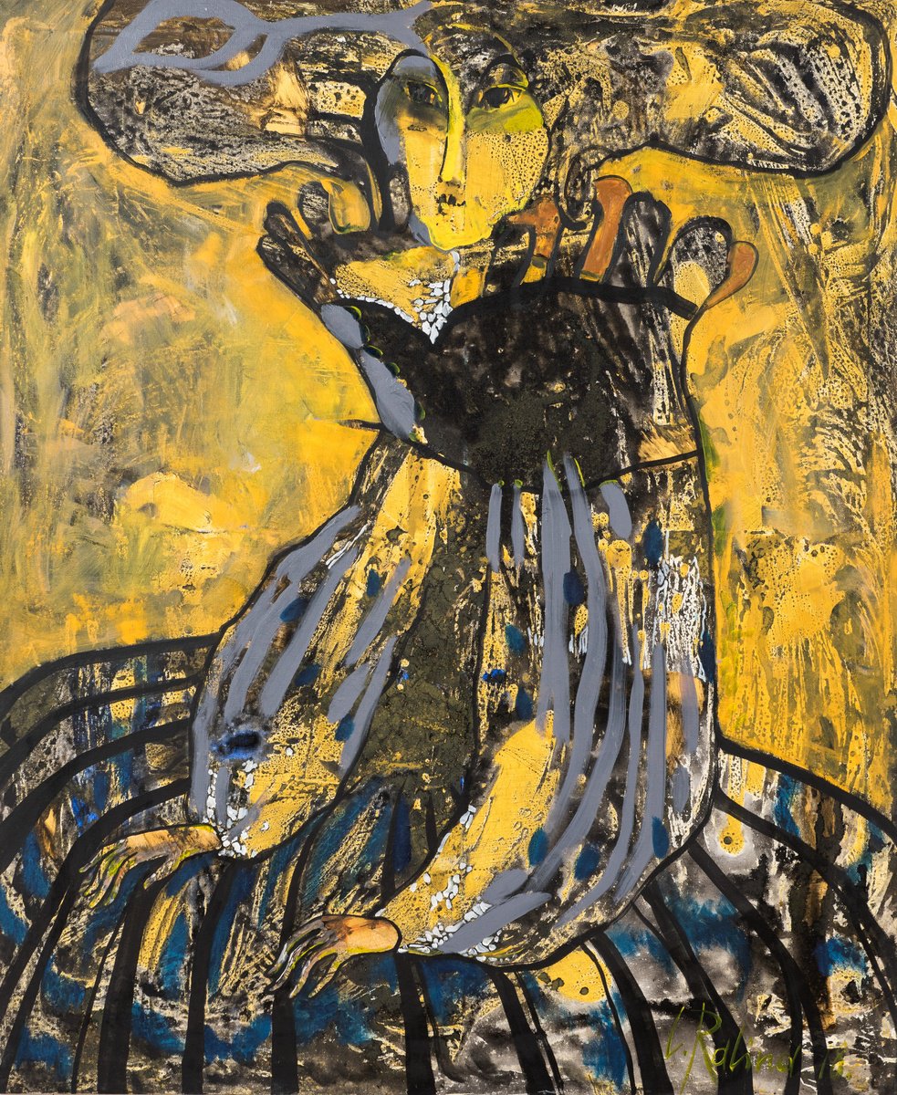 Organic Abstract Oil Painting By Yelena Ralina, 39 X 47", Modest Chrysanthemum, Original Artwork