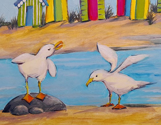 Beach huts and seagulls, An original acrylic seaside art