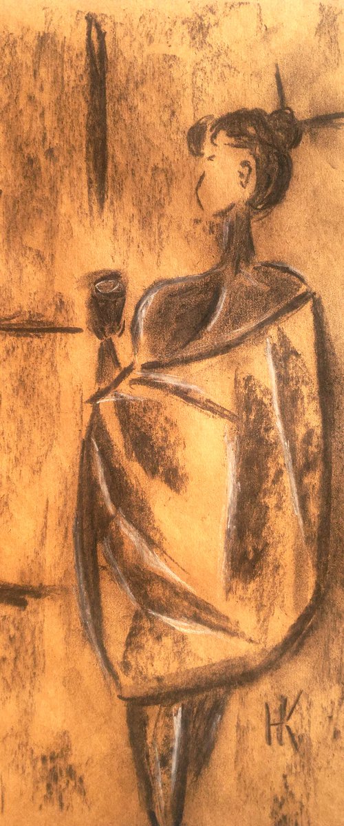 Coffee Time Painting Woman Original Art Lady Charcoal Drawing Wall Art 12 by 17 inches by Halyna Kirichenko by Halyna Kirichenko