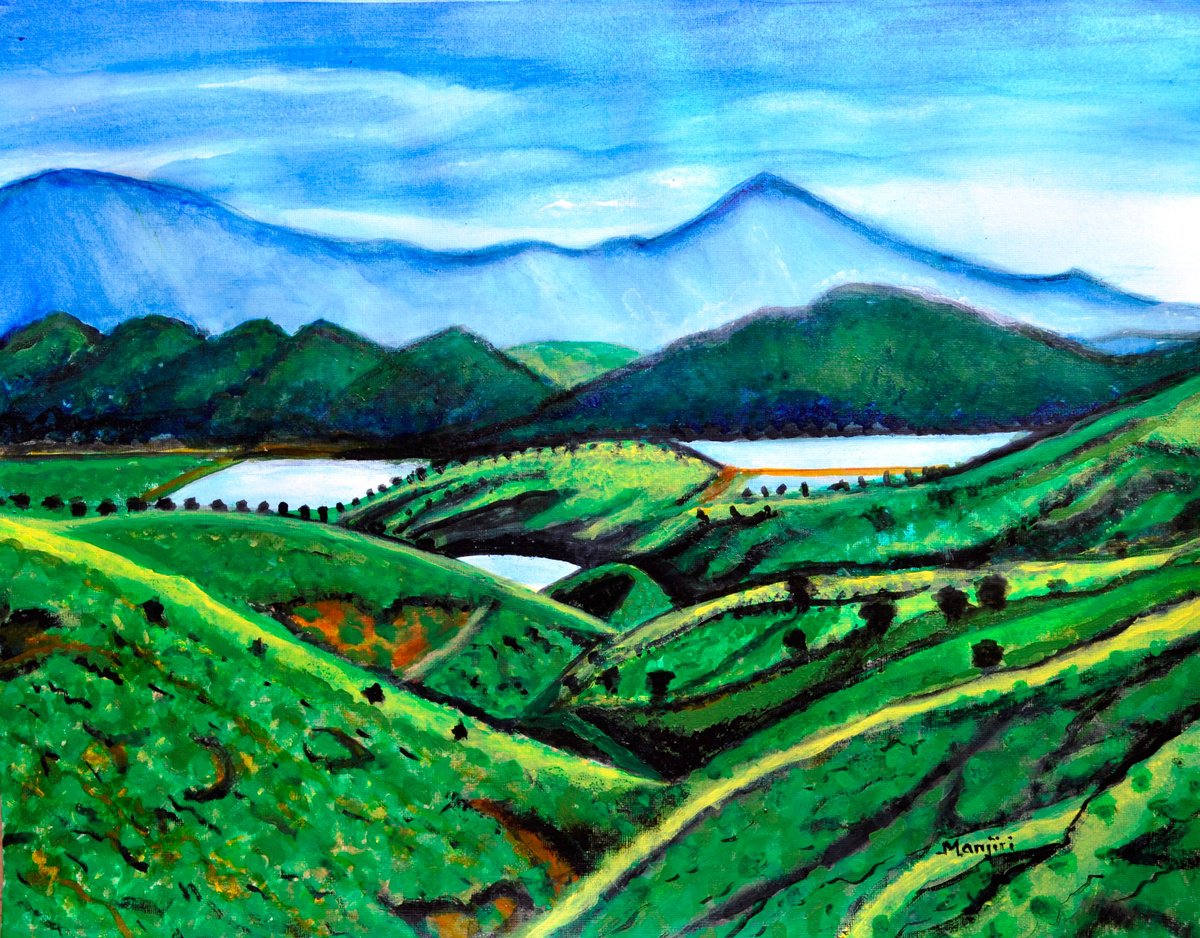 Landscape with Tea estate valley river mountians by Manjiri Kanvinde