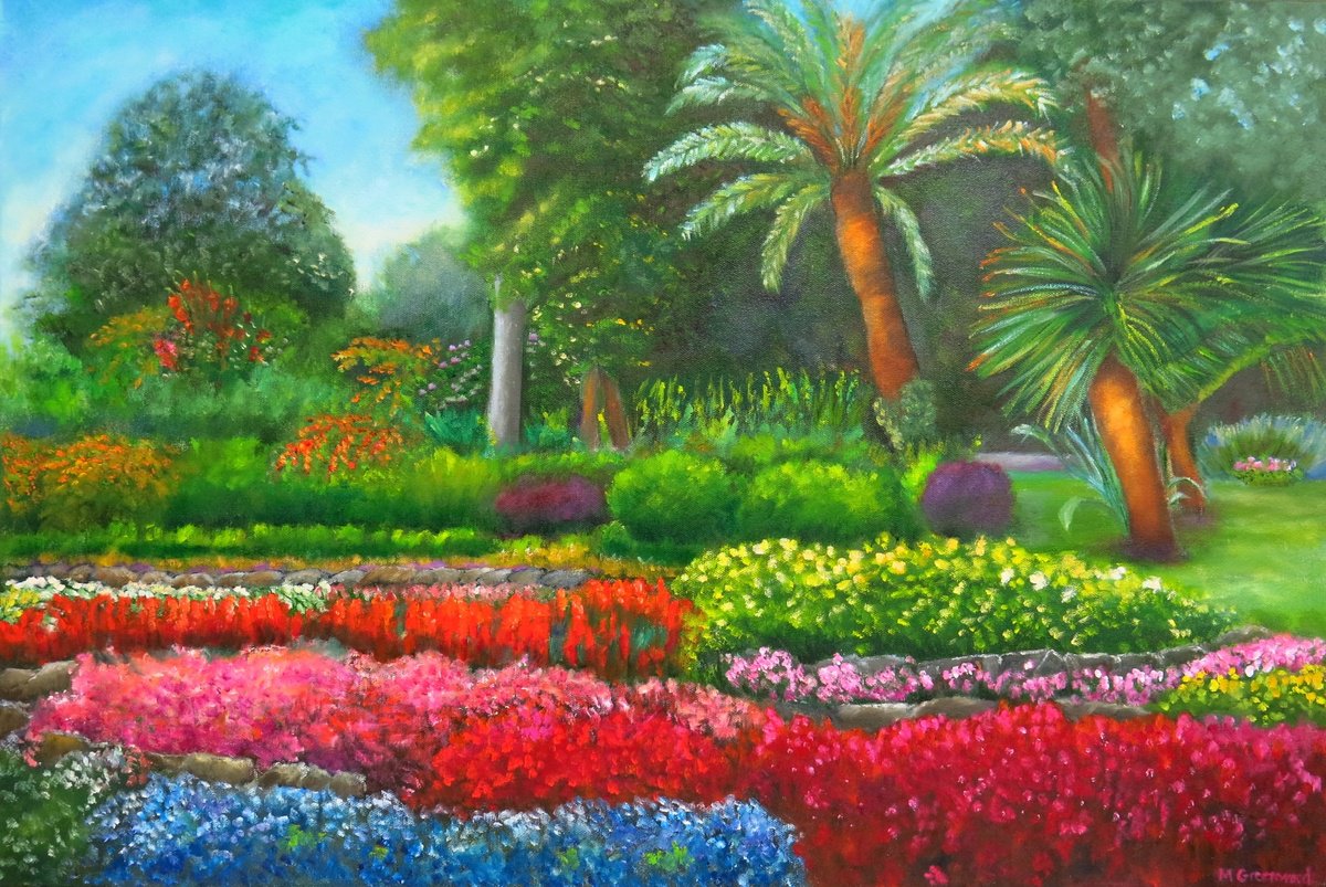 Impressionistic Botanical Oil Painting By Maureen Greenwood, 30 X 20", Villa Carlotta - Gardens, Original Artwork