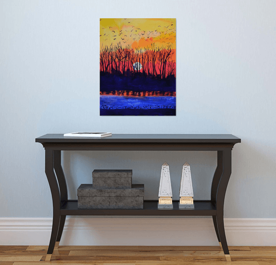 Big watercolor painting Autumn sunset