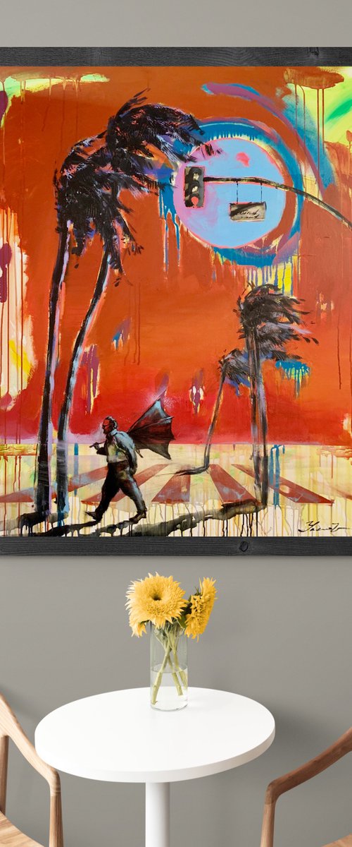 Big painting - "Against the wind" - Palms - Sunset - Urban - 2022 by Yaroslav Yasenev